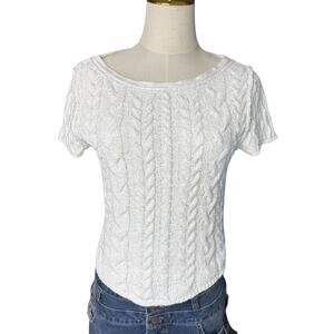 Free People Baby Tee Cable Knit Sweater Ivory Short Sleeve M Coquette Dainty